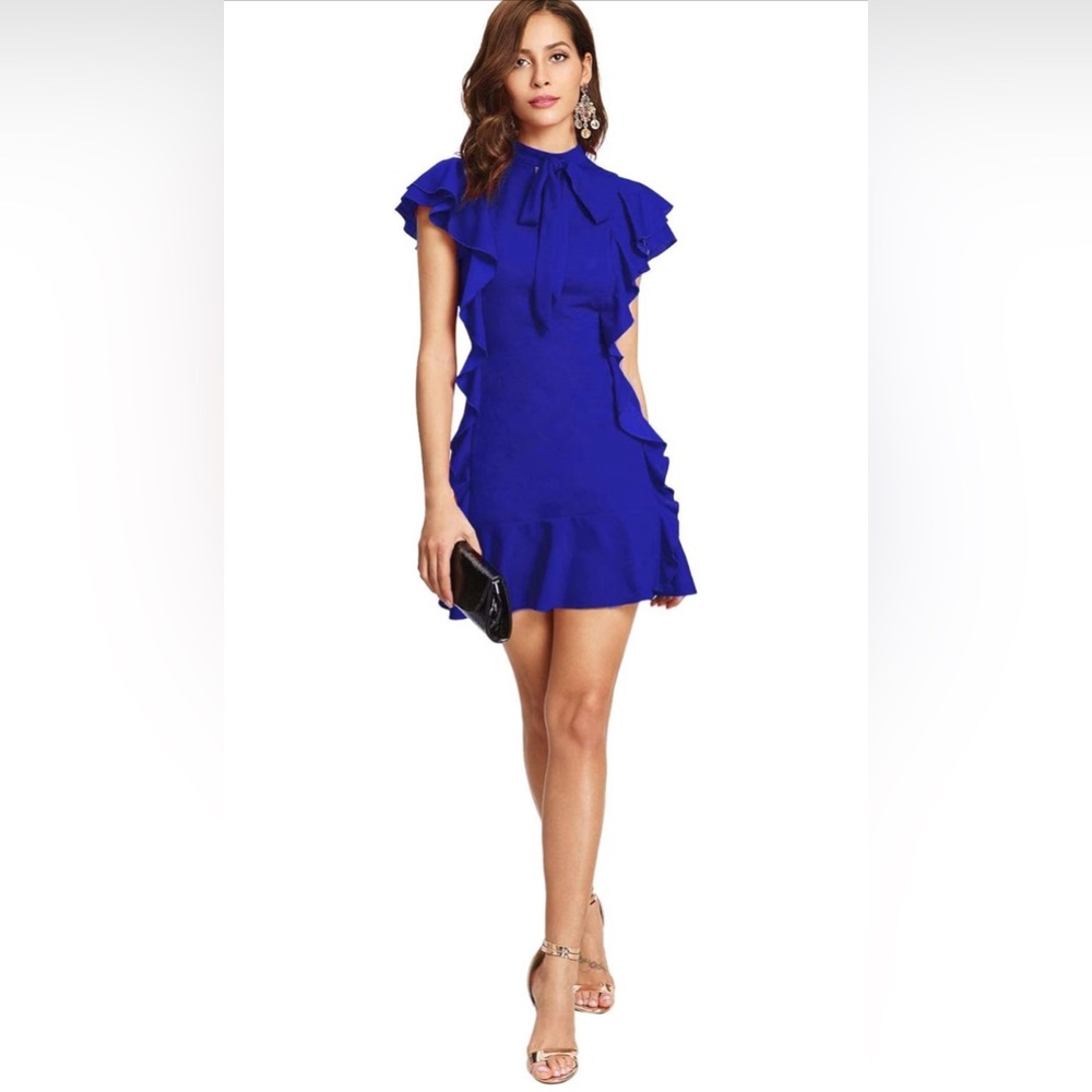 Floerns Women's Tie Neck Short Sleeve Ruffle Hem Cocktail Party Dress